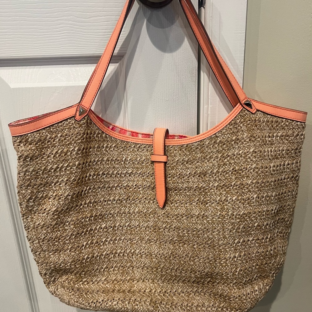 Stella & Dot Tan Raffia Tote with Pink Trim